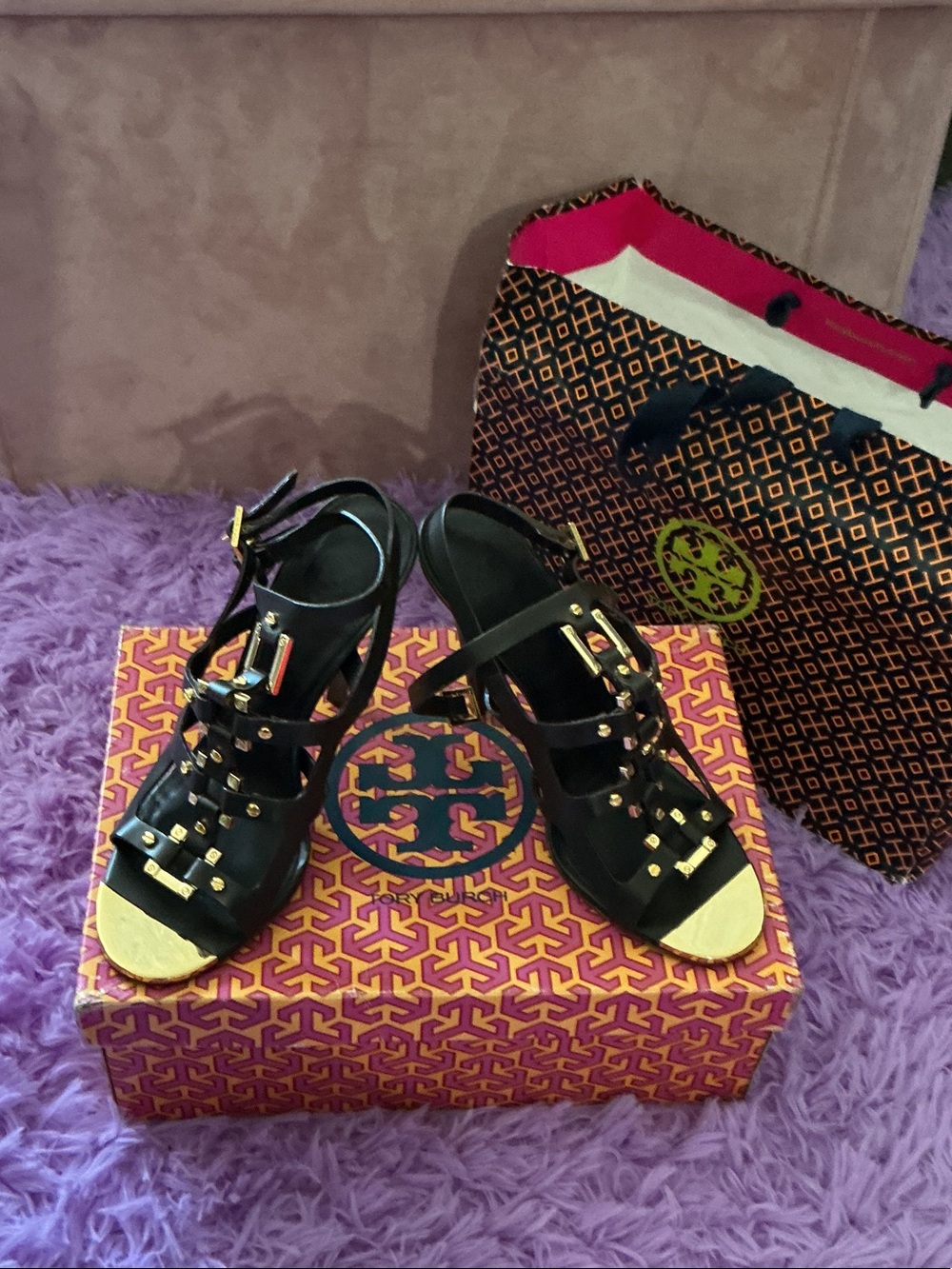 Tory Burch Francesca Black Leather Studded heels with Gold Accents